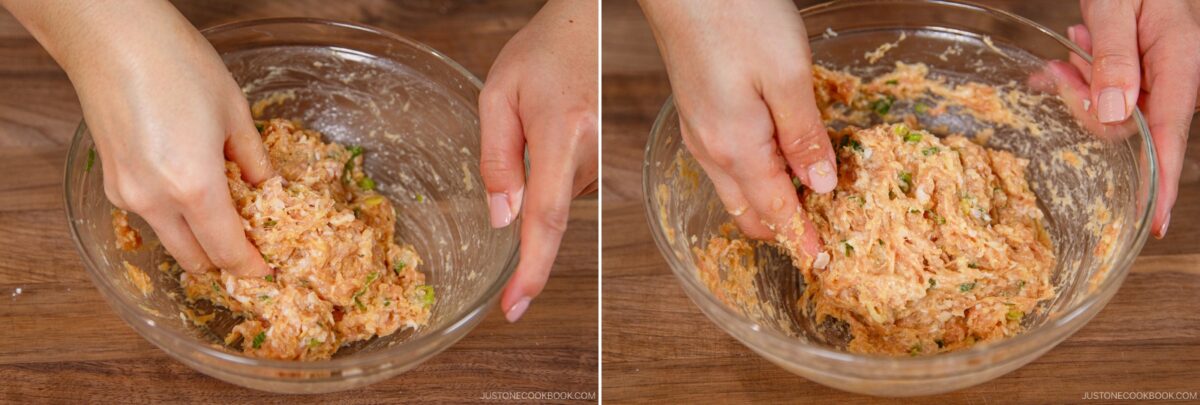 Two images side by side show hands mixing ground meat with spices and chopped herbs in a glass bowl on a wooden surface, preparing a hearty chanko nabe (sumo stew) mixture for cooking.