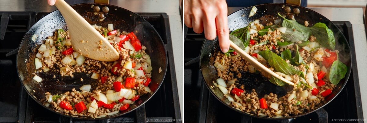 Two side-by-side images show a person cooking gapao rice in a skillet. The left side features chopped onions, red bell peppers, and ground meat being stirred. On the right, fresh basil leaves are added to the sizzling mixture.