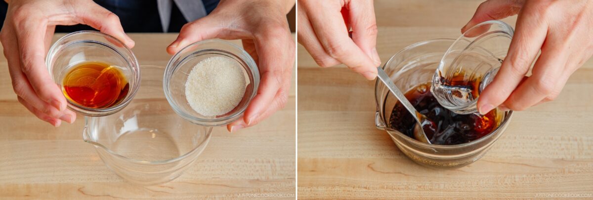 Two side-by-side images: on the left, hands hold small bowls of brown liquid and granulated sugar over a larger bowl&mdash;perfect for creating sauces like those used in gapao rice; on the right, the liquid is poured in as a spoon stirs the mix.