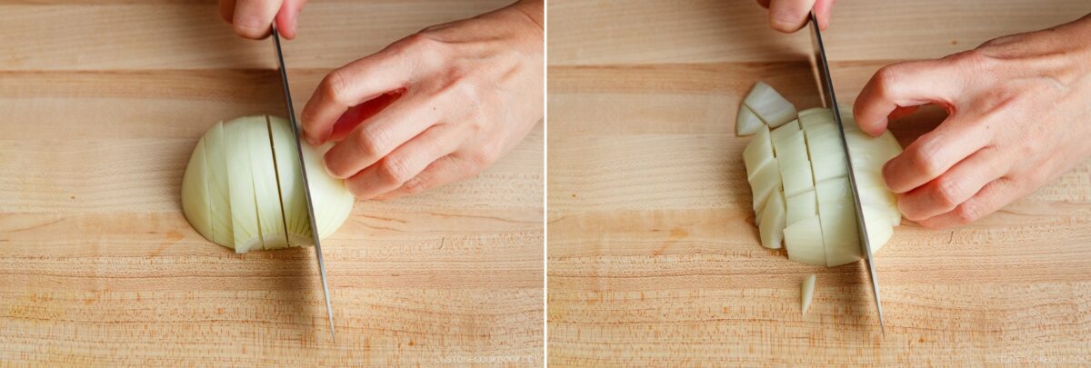 Two side-by-side images show hands chopping a white onion on a wooden cutting board, first slicing vertically and then horizontally to create diced pieces&mdash;perfect prep for flavorful gapao rice.