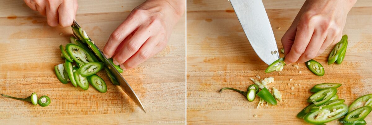 Two close-up images of hands slicing fresh green chili peppers on a wooden cutting board with a large kitchen knife&mdash;perfect prep for making spicy gapao rice. Seeds and pepper slices are scattered across the board.