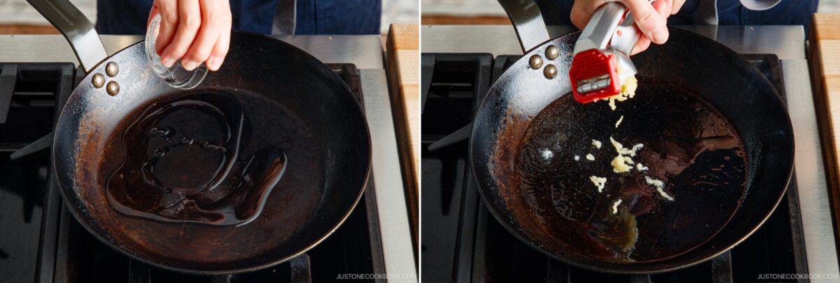 A person pours oil into a skillet on a stove in the left image and presses minced garlic&mdash;perfect for making gapao rice&mdash;into the hot oil with a garlic press in the right image.