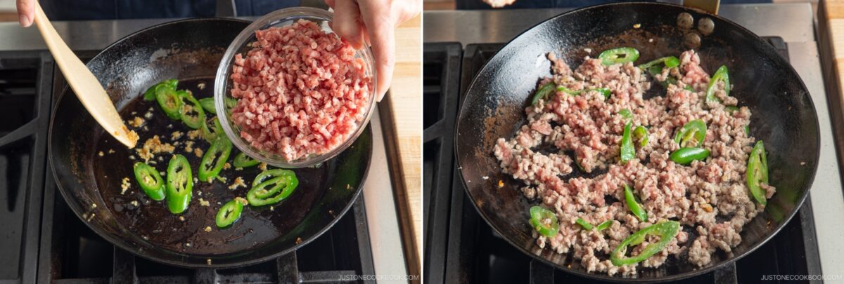 Two side-by-side photos show a black skillet on a stove. In the first, sliced green chili and minced garlic are saut&eacute;d as ground meat for gapao rice is added. In the second, the meat is partially cooked and mixed with the chilis.