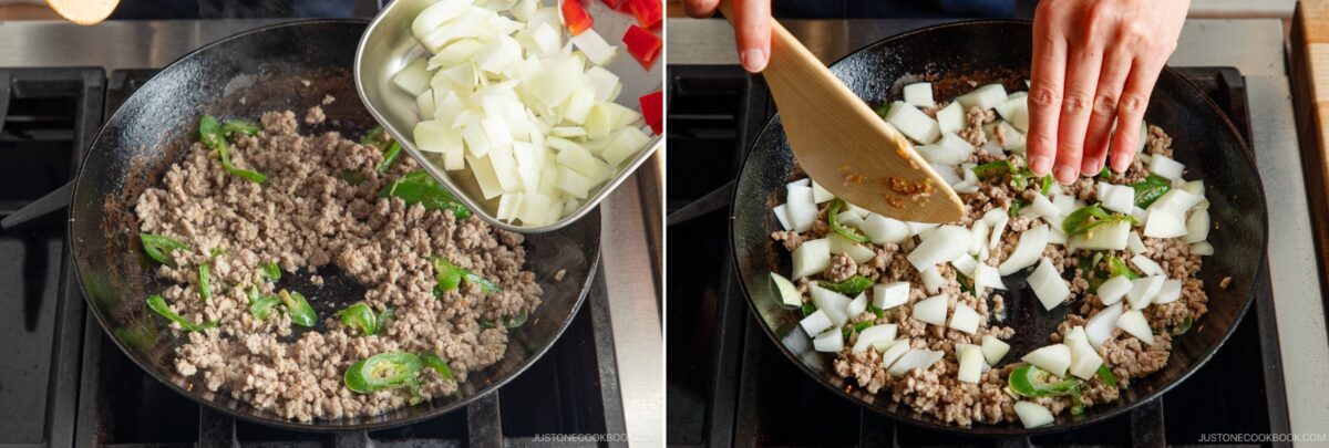 Two photos of a skillet on a stove: left, chopped onions and red bell peppers are added to saut&eacute;ed ground meat and green peppers&mdash;classic gapao rice ingredients; right, hands stir the savory mixture with a wooden spatula.