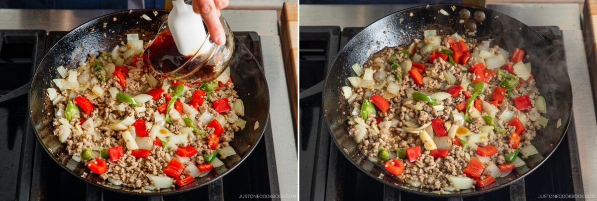 A hand pours sauce from a small bowl into a skillet filled with cooked ground meat, diced onions, red and green bell peppers for gapao rice; next to it, the same skillet is shown with all ingredients mixed and sizzling.