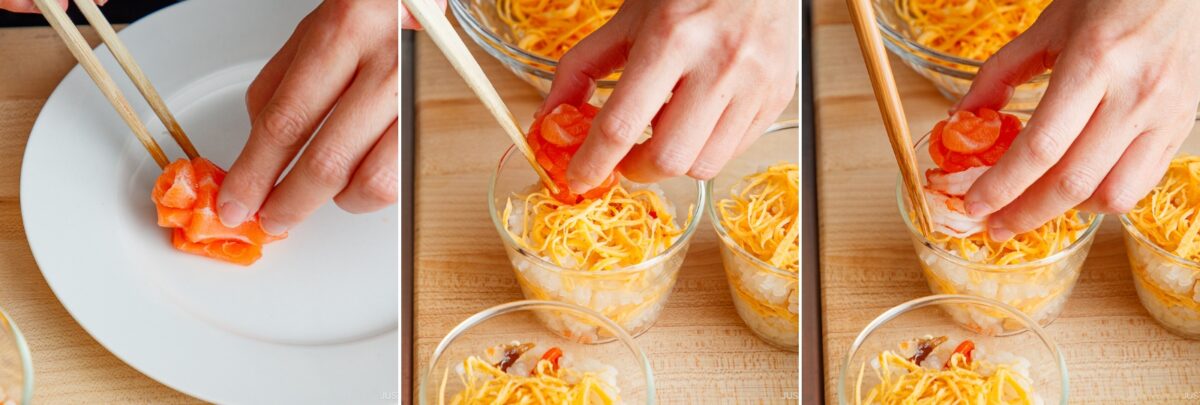 Three-panel image showing hands preparing Quick & Easy Chirashi Sushi&mdash;using chopsticks to place raw salmon atop bowls of shredded yellow egg and white vegetables, and arranging salmon roses on a white plate.