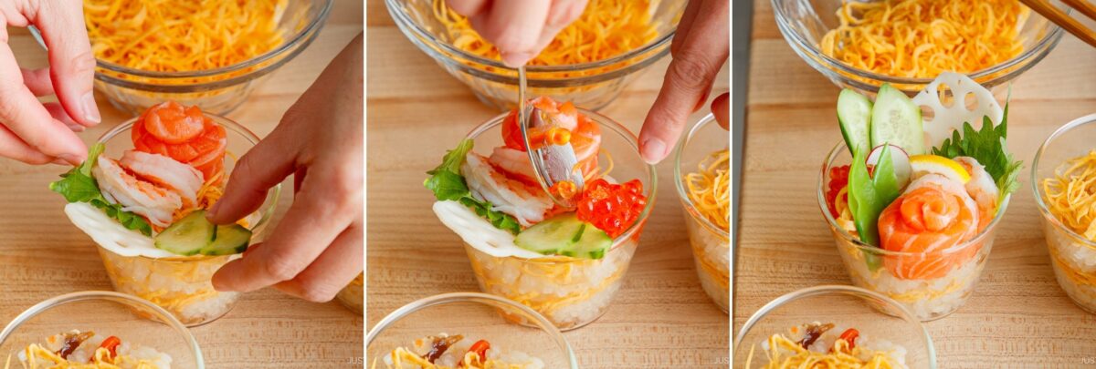 Three-panel image showing hands assembling a colorful Quick & Easy Chirashi Sushi parfait in a glass cup, layering rice, shredded egg, sliced cucumber, salmon, and other vegetables, then garnishing with roe and lotus root.