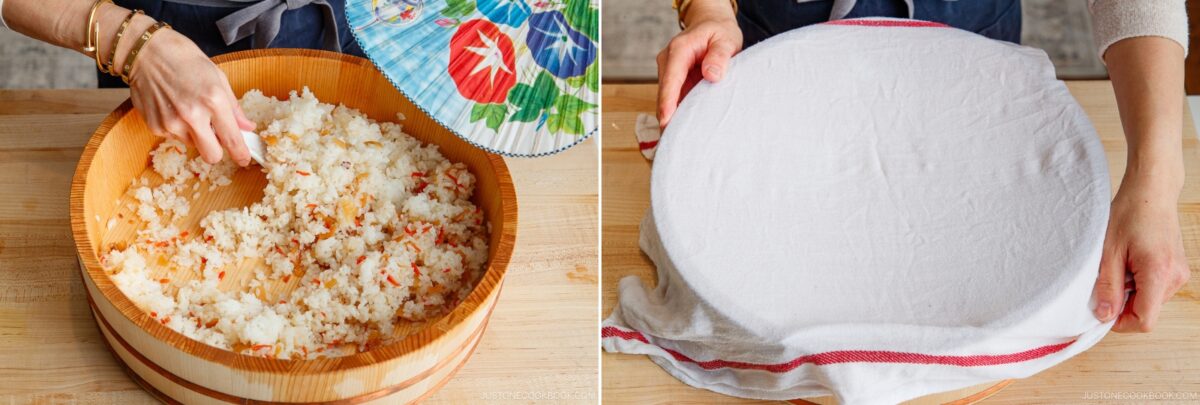 Left: A person mixes rice in a wooden bowl with a rice paddle while preparing Quick & Easy Chirashi Sushi. Right: The same bowl, covered with a white cloth, rests on a wooden surface, ready for the next step.