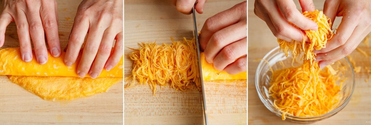 A three-panel image showing hands rolling a yellow omelette, slicing it into thin strips, and lifting the shredded omelette&mdash;perfect for topping Quick & Easy Chirashi Sushi&mdash;into a glass bowl.