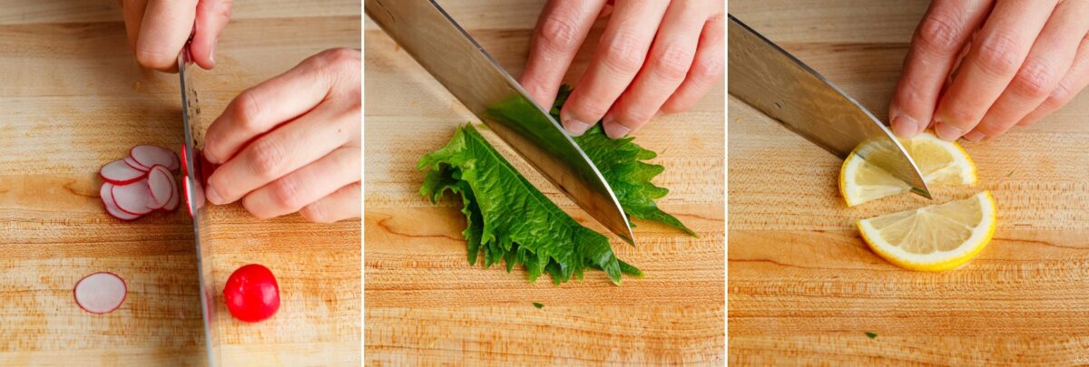A person slices a radish, a green leafy vegetable, and a lemon on a wooden cutting board in three side-by-side images&mdash;perfect prep steps for making Quick & Easy Chirashi Sushi.