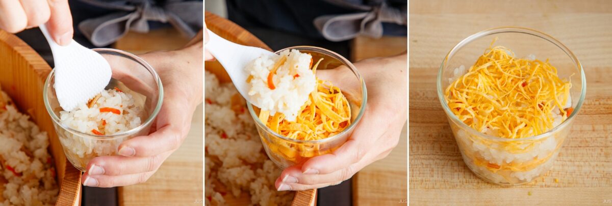 Three photos show hands layering cooked rice and shredded egg in a glass for a Quick & Easy Chirashi Sushi; first spooning rice, then adding egg, with a close-up of the finished layered dish. A wooden rice tub is visible in the background.