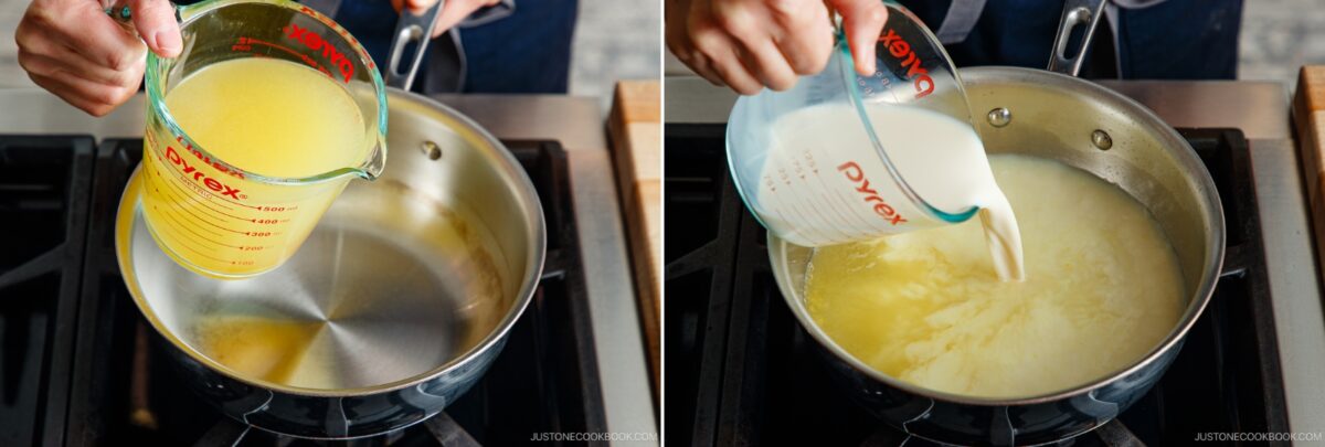 A person prepares tan tan udon, pouring broth from a measuring cup into a pot on the stove in the left image, and adding soy milk to the pot in the right image.