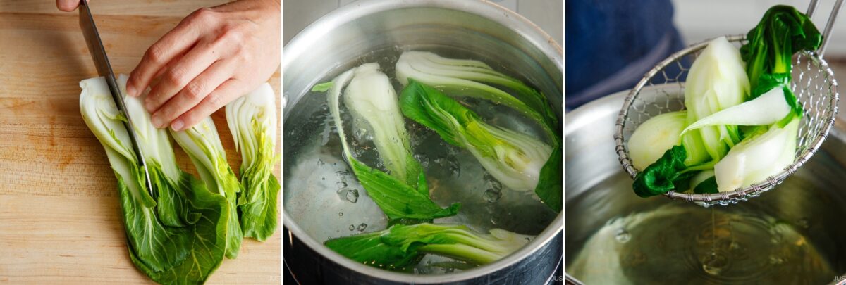  a hand slicing bok choy for tan tan udon on a cutting board, bok choy halves boiling in water, and blanched bok choy being lifted from the pot with a strainer.