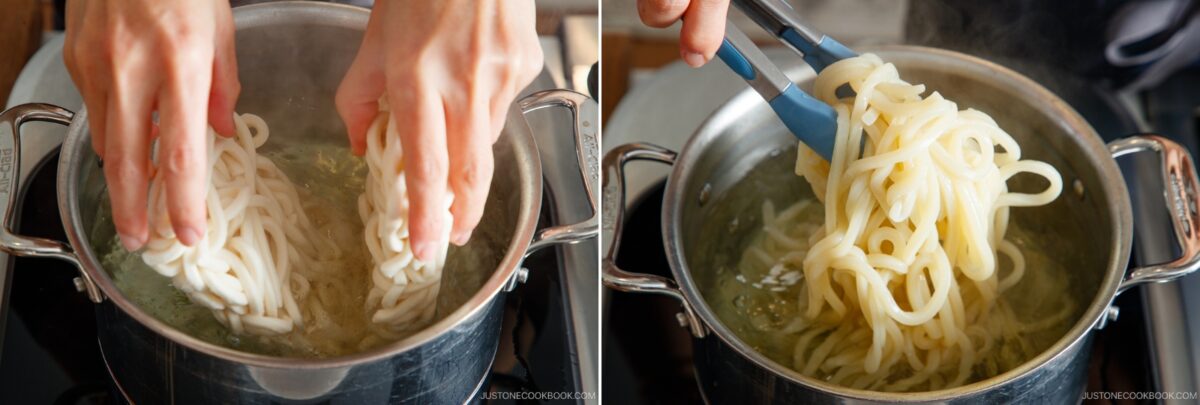  On the left, hands add uncooked tan tan udon noodles to a pot of boiling water. On the right, cooked udon noodles are lifted from the pot with tongs, steam rising in both images.