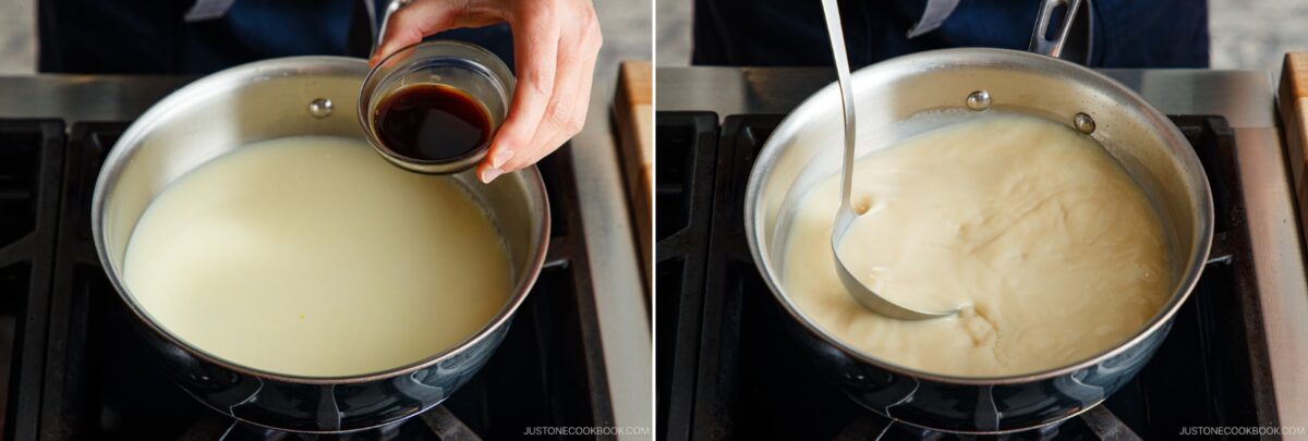  On the left, a hand pours soy sauce into a saucepan of soy milk on the stove. On the right, a ladle stirs a thickened milk mixture in the same saucepan, evoking the creamy texture found in tan tan udon dishes.