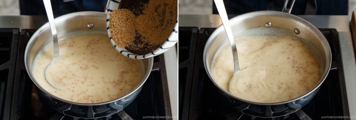  On the left, sesame seeds are poured into a saucepan of creamy tan tan udon mixture on a stove. On the right, the mixture is being stirred in the saucepan with a metal spoon.