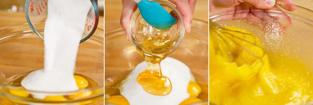 Three-panel image: sugar is poured onto eggs in a bowl, honey is added with a spatula, and then the mixture is whisked together to start the batter for dorayaki, the classic Japanese red bean pancake.