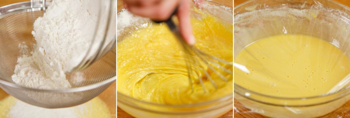 A three-panel image showing flour being sifted, batter being whisked, and a smooth yellow batter in a clear mixing bowl, illustrating steps in making dorayaki (Japanese red bean pancake).