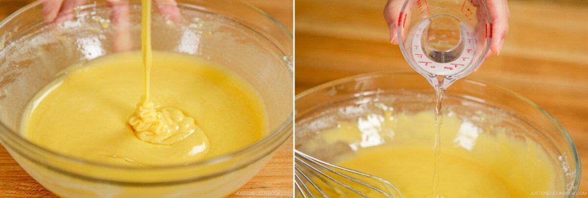 Two side-by-side images show a bowl of yellow cake batter. On the left, batter is being poured in. On the right, clear liquid is being added with a measuring cup&mdash;perfect steps for preparing dorayaki (Japanese red bean pancake) batter, with a whisk nearby.