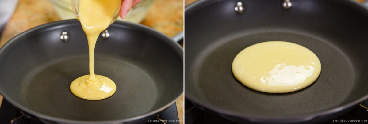 A hand pours dorayaki batter into a nonstick frying pan, and in the next frame, the round Japanese red bean pancake begins to cook on the pan.