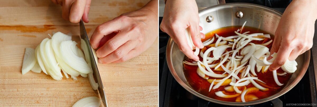 A person slices onions on a wooden cutting board, then adds the sliced onions into a stainless steel pan filled with a dark liquid on a stove.