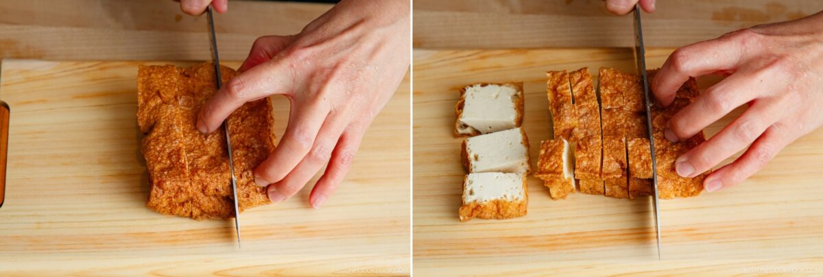 Two side-by-side images show hands slicing a block of fried tofu on a wooden cutting board; the first image shows the initial slice, and the second shows several evenly cut tofu pieces.