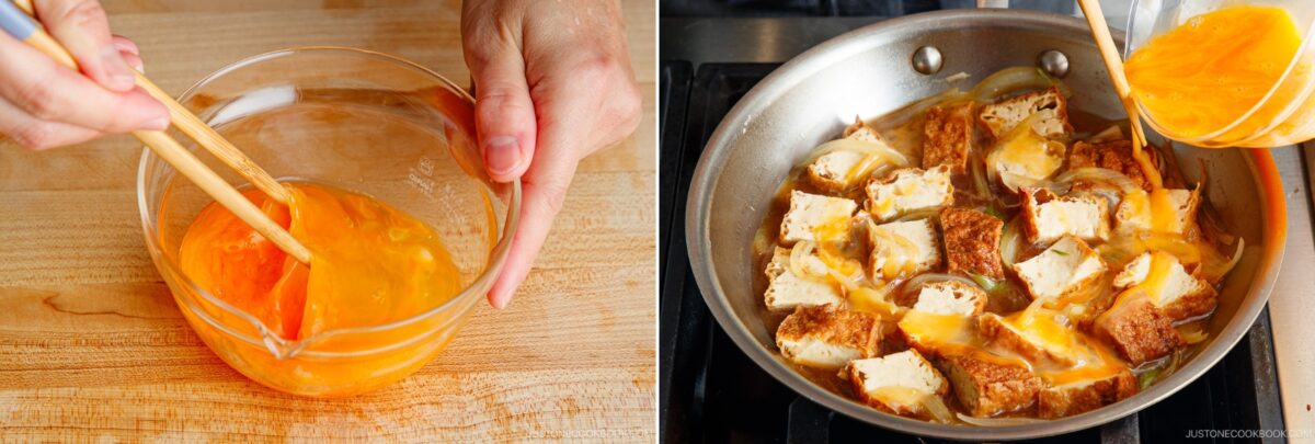 Left: Hands whisking eggs in a glass bowl with chopsticks. Right: Whisked eggs being poured into a skillet with tofu and onions on a stovetop.