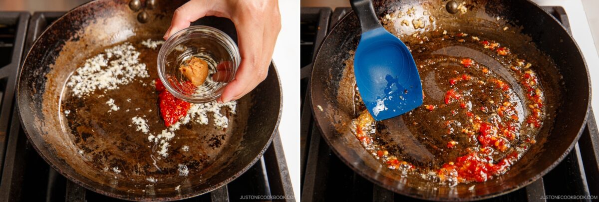 Split image: Left, a hand adds brown sugar and chili paste to saut&eacute;ing garlic in a skillet for spicy edamame. Right, a blue spatula mixes the ingredients together as they cook and blend in the pan.