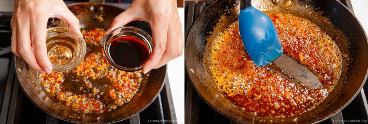 Two photos: On the left, hands add liquids to a pan with saut&eacute;ed minced garlic, chili flakes, and spicy edamame. On the right, a blue spatula stirs the simmering sauce, blending the ingredients in the pan on the stove.