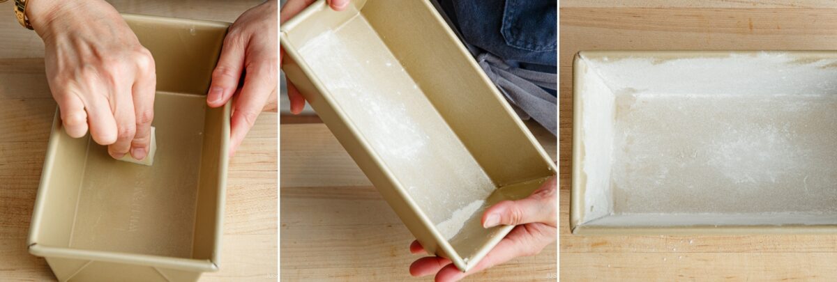 Three-panel image showing hands greasing a loaf pan with butter, dusting it with flour, and the final coated pan on a wooden surface, all set for baking delicious Brown Butter Banana Bread.