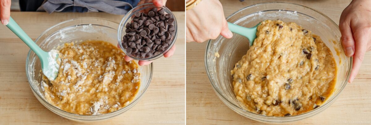 Two side-by-side images show a person mixing Brown Butter Banana Bread batter in a glass bowl; the left image has chocolate chips being added, and the right shows the batter mixed with chocolate chips using a spatula.