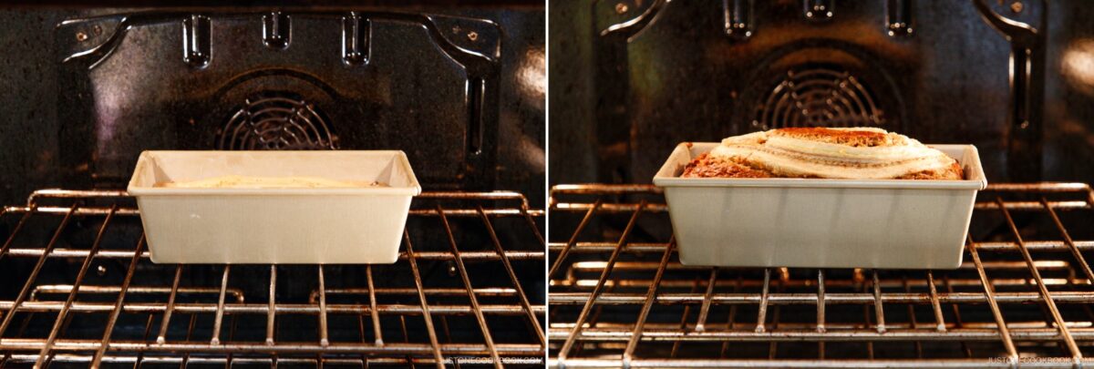 Side-by-side photos of a loaf pan in an oven: on the left, raw Brown Butter Banana Bread batter; on the right, the baked loaf with a split top and beautifully browned surface.
