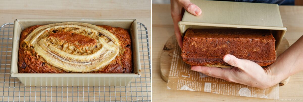 Two images: on the left, a loaf of Brown Butter Banana Bread with a banana slice on top in a metal pan; on the right, hands are lifting the baked loaf out of the pan onto parchment paper.