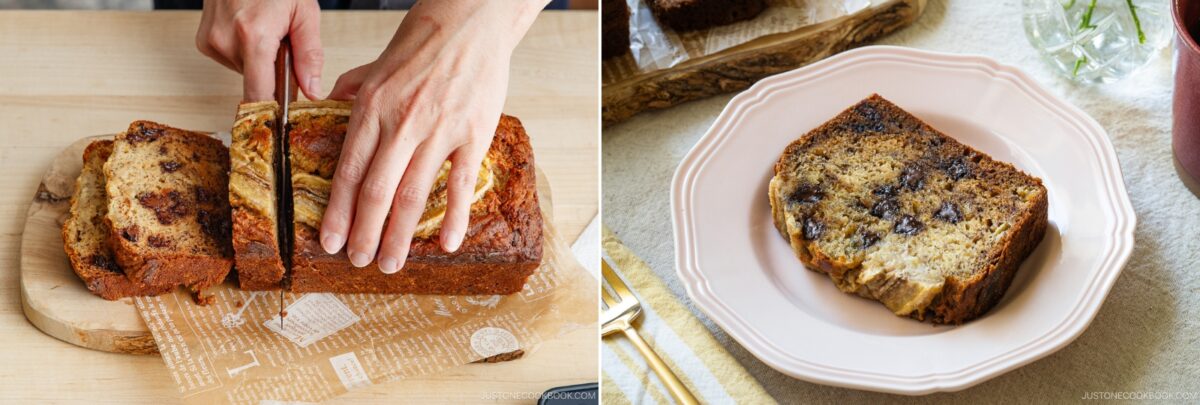Two images: on the left, hands slice a loaf of marbled Brown Butter Banana Bread on a cutting board; on the right, a slice with chocolate swirls rests on a pale pink plate.