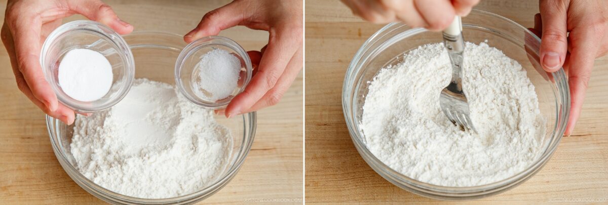 Two-panel image: Left, hands hold small bowls of baking soda and baking powder above flour, prepping for Brown Butter Banana Bread. Right, a hand mixes the flour mixture with a fork in a glass bowl on a wooden surface.