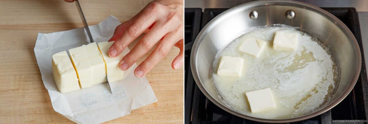 A hand slices butter on a wrapper, then butter chunks melt in a stainless steel pan on the stovetop—the first steps to making delicious Brown Butter Banana Bread.
