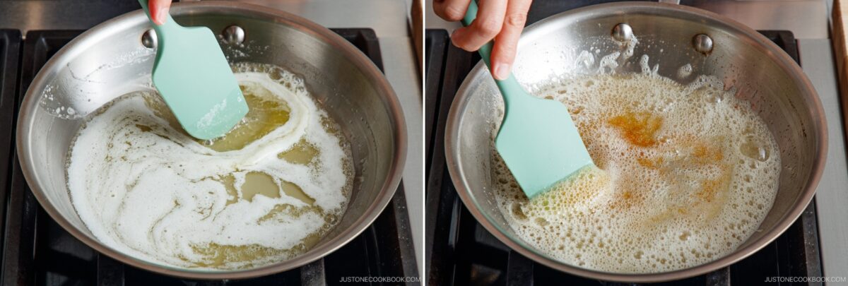 Two side-by-side photos show a hand using a light blue spatula to stir butter in a stainless steel pan on a stove—a key first step when making Brown Butter Banana Bread. The left image shows melted butter; the right shows butter turning golden brown.