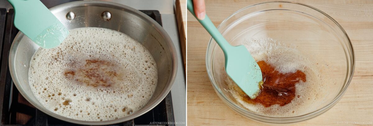A light blue spatula stirs foamy brown butter for Brown Butter Banana Bread in a metal pan on a stovetop, then transfers it to a clear glass bowl on a wooden surface.