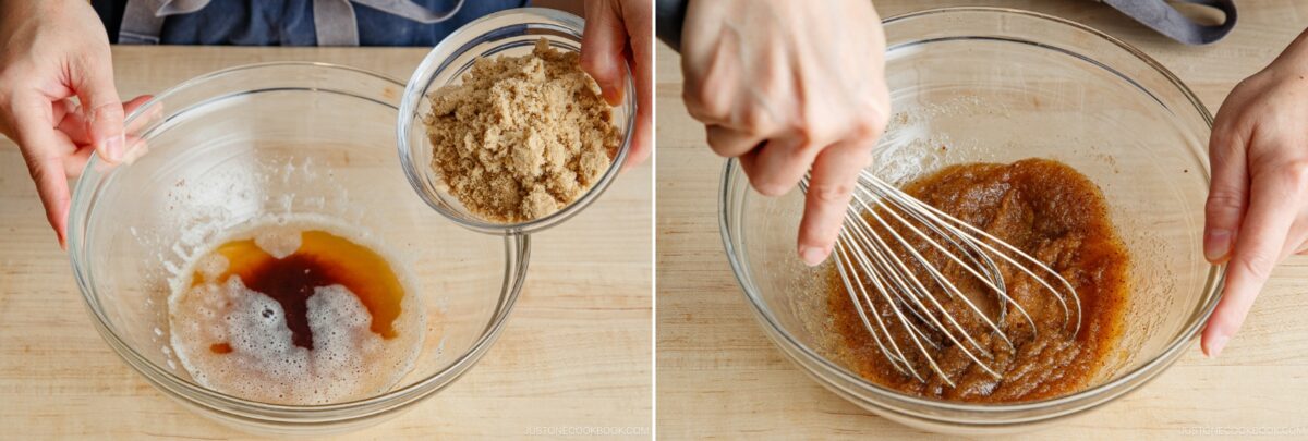 Left: A person adds a bowl of brown sugar to a glass bowl with melted butter and vanilla—a key step for Brown Butter Banana Bread. Right: The ingredients are whisked together into a smooth mixture in the same glass bowl.