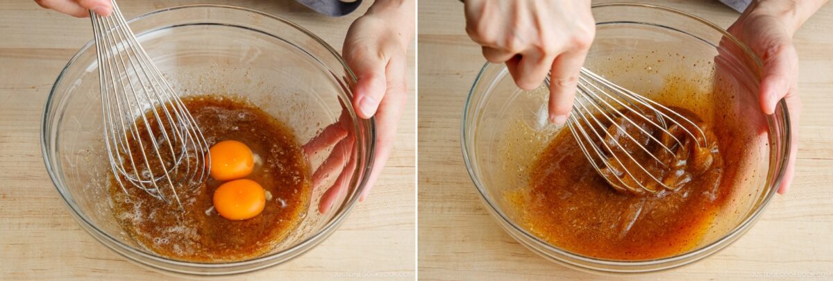 Two side-by-side images show hands whisking eggs and brown sugar in a glass bowl—an essential step for making Brown Butter Banana Bread. The left image shows yolks and sugar; the right captures the mixture being whisked together.