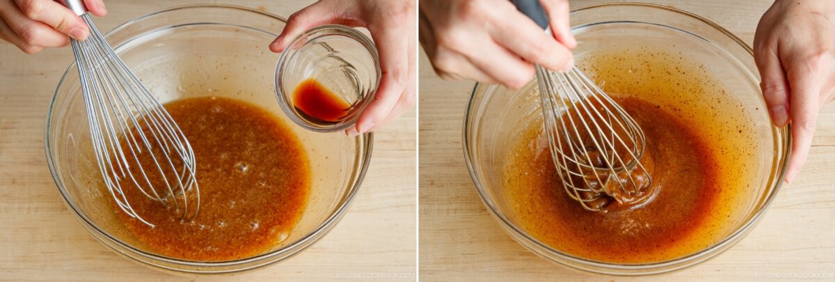 Two images side by side: a hand pours vanilla extract into a glass bowl of brown liquid while whisking, then continues whisking the Brown Butter Banana Bread mixture on a wooden surface.