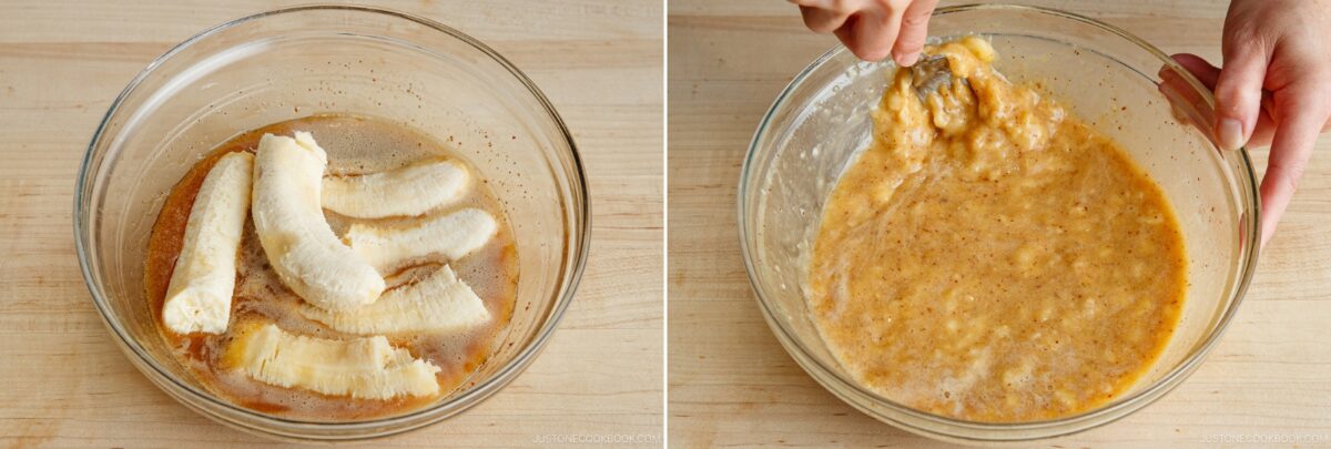 Side-by-side images show bananas and brown liquid for Brown Butter Banana Bread in a glass bowl on the left, and mashed banana mixture being stirred with a fork in the same bowl on the right, all on a wooden surface.