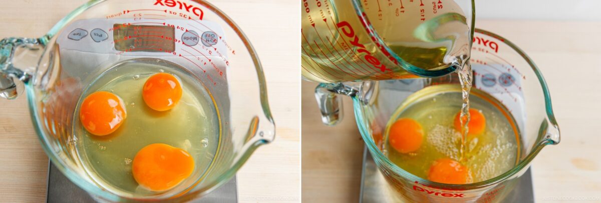 Two side-by-side images: On the left, three raw eggs are cracked into a glass measuring cup; on the right, water is poured in with the eggs. These steps are the foundation for making Chawanmushi, a Japanese savory steamed egg custard.