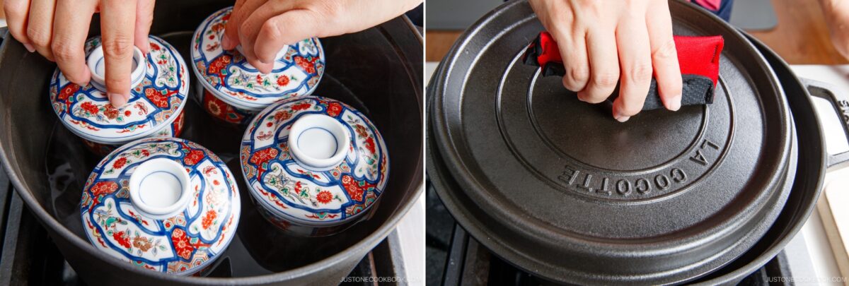 Left: A hand places patterned ceramic bowls for Chawanmushi (Japanese Savory Steamed Egg Custard) into a pot. Right: A hand holds a red cloth while placing a lid on a black La Cocotte pot on the stove.