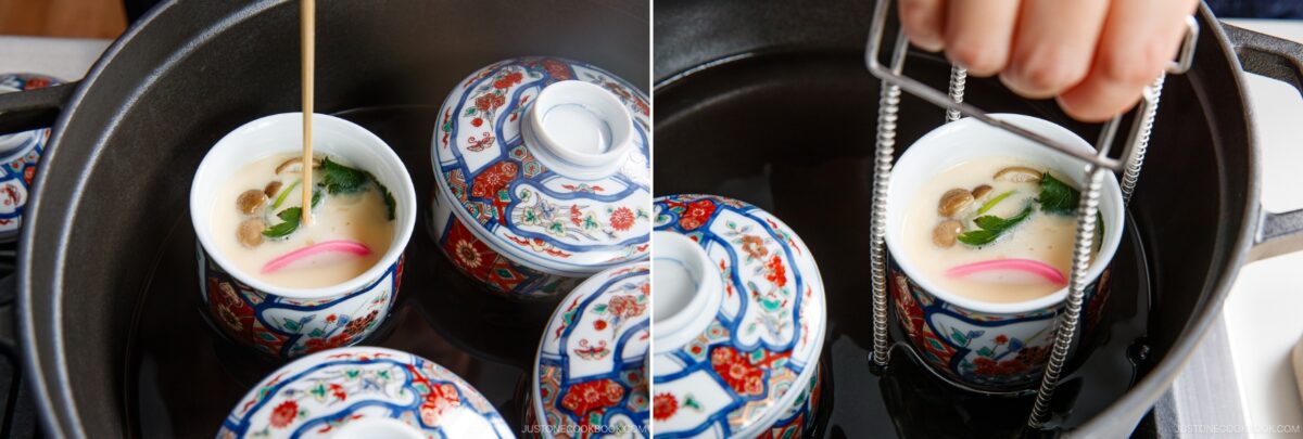 Two side-by-side photos show traditional Japanese cups used for Chawanmushi (Japanese Savory Steamed Egg Custard). The left image captures liquid being poured into a cup; the right shows a hand using tongs to remove a cup from the pot.