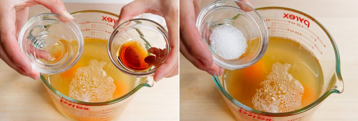 Two-panel image: On the left, hands hold bowls of water and vanilla over a glass mixing bowl with eggs and liquid for Chawanmushi (Japanese savory steamed egg custard). On the right, salt is added. The bowl rests on a light wooden surface.