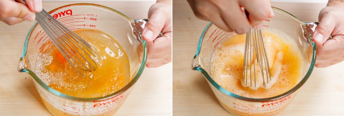 Two images side by side show hands whisking eggs and liquid for Chawanmushi (Japanese Savory Steamed Egg Custard) in a clear Pyrex measuring cup on a wooden surface. The mixture becomes more blended in the second image.