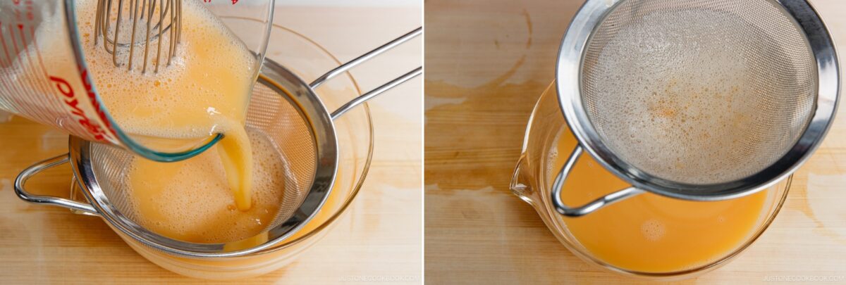 A measuring cup pours a light orange liquid for Chawanmushi (Japanese Savory Steamed Egg Custard) through a fine mesh strainer into a glass bowl; in the second image, the strained custard shows foam on top.