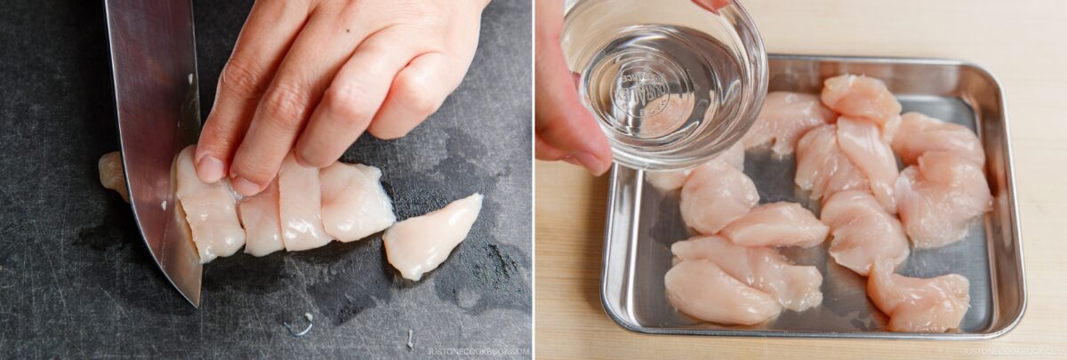 A hand slices raw chicken breast on a cutting board; on the right, water is poured onto chicken pieces on a metal tray, prepping them for Chawanmushi (Japanese Savory Steamed Egg Custard).