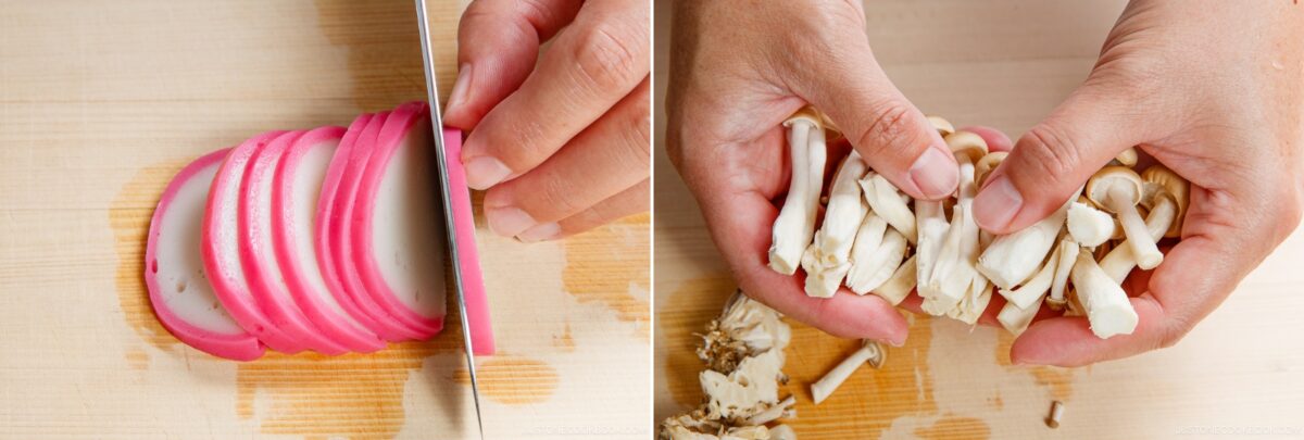 A split image shows hands slicing pink-edged fish cake on the left and breaking apart clusters of shimeji mushrooms on the right—both classic ingredients for Chawanmushi (Japanese Savory Steamed Egg Custard)—on a wooden cutting board.